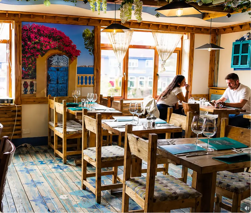 Bistro room overview filled with guests dining