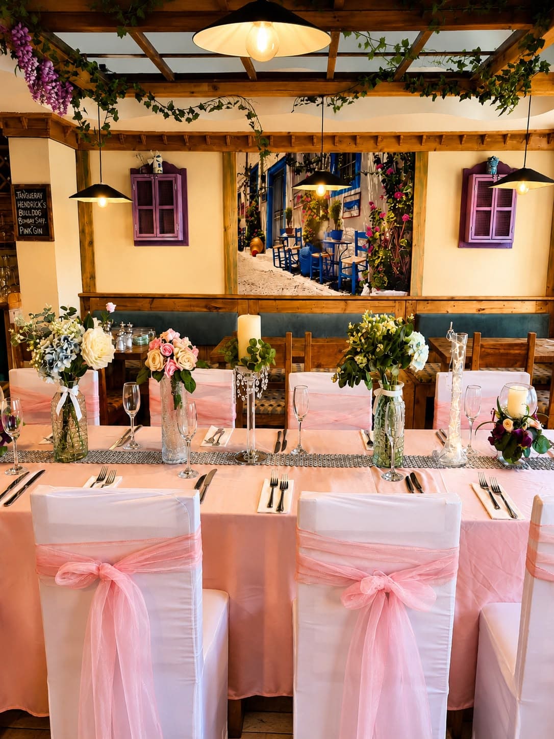 Floral centrepieces along the private dining table